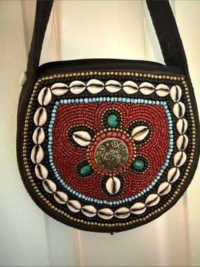Beaded Shell Accent Mini Crossbody Bag - Red and Turquoise